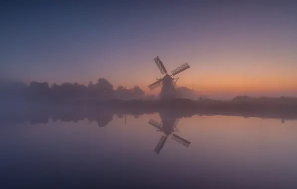 Fog, reflection, dawn, morning, silhouette, haze, pond, windmill