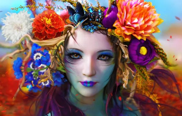 Flowers, Color, Girl, Look, Butterfly, Face, Girl, Eyes