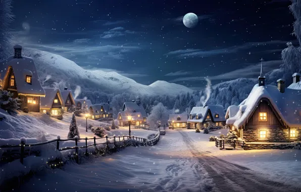 Picture winter, snow, decoration, night, the city, lights, street, tree