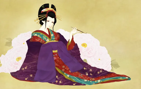 Picture girl, flowers, background, art, geisha, mouthpiece, kimono, peonies