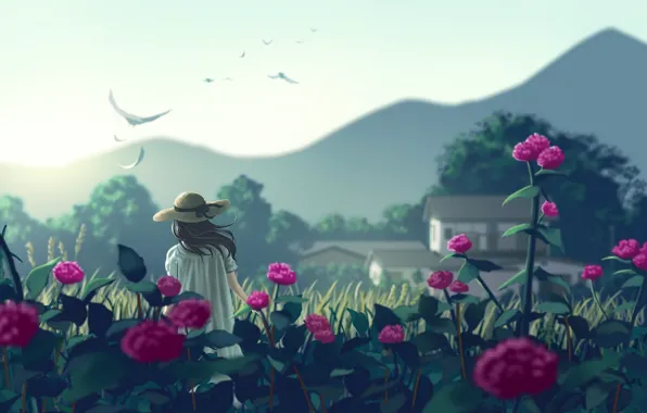 Picture girl, flowers, mountains, birds, nature, hat, anime, art