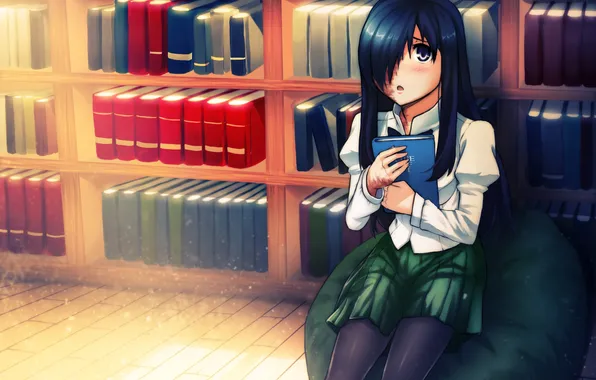 Picture girl, the sun, book, library, game, sitting, katawa shoujo, it became was hanako