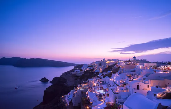 Sea, sunset, lights, home, the evening, Santorini, Greece, the island of Thira