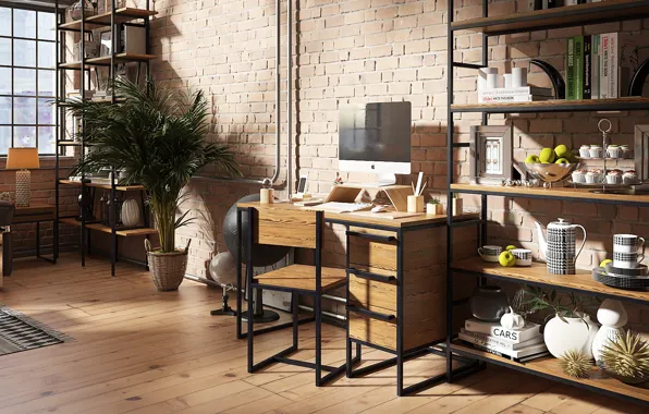 Design, room, interior, plants, living room, Desk, racks, loft