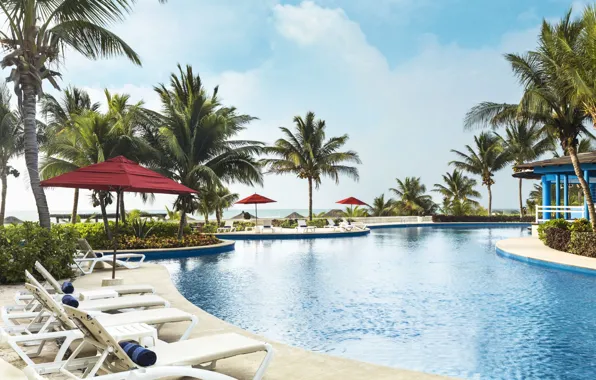 Palm trees, pool, Mexico, Yucatan, umbrellas, resort, Cancun, luxus