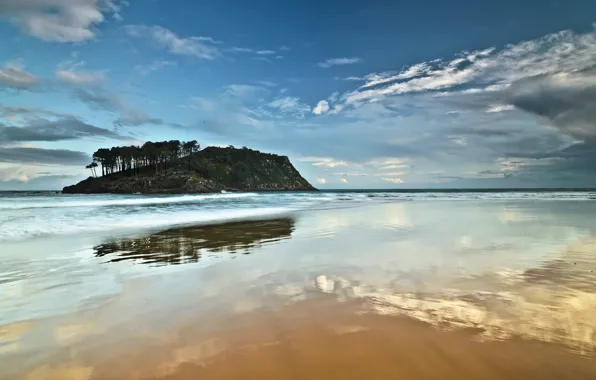 Picture sea, the sky, clouds, reflection, dawn, shore, island, morning