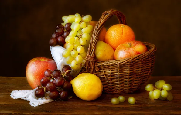 Table, apples, Board, oranges, grapes, fruit, still life, basket