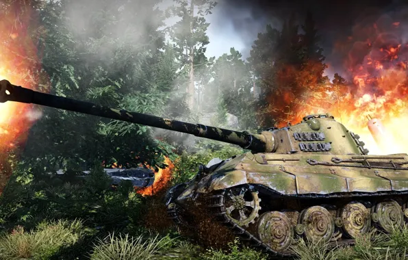 Picture fire, smoke, battle, German, WW2, heavy tank, "Royal tiger", "Tiger II"