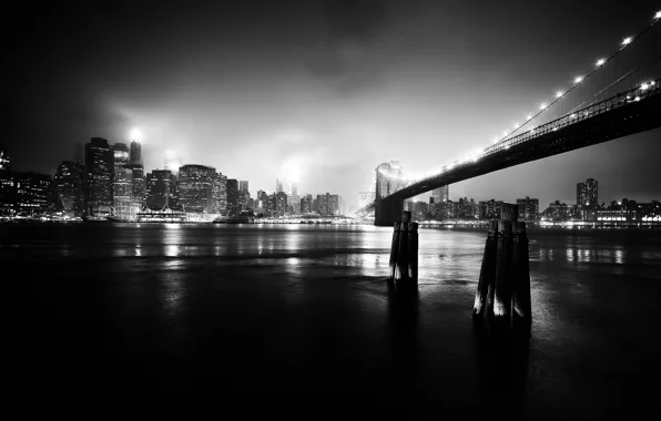 Night, bridge, the city, black and white photo
