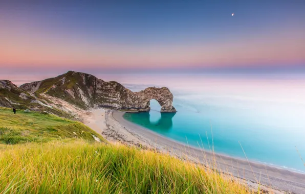Sea, grass, landscape, nature, rocks, dawn, coast, England