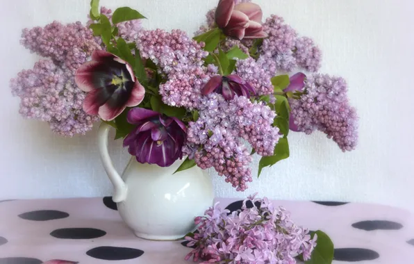 Picture flowers, branches, tulips, vase, lilac, tablecloth
