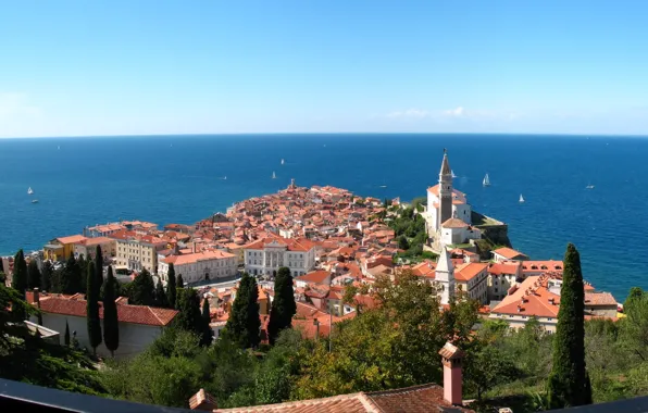 Sea, the city, panorama, Slovenia, Jadran, Pirani