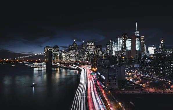 City, lights, USA, bridge, night, Manhattan, New - York, skycrapers