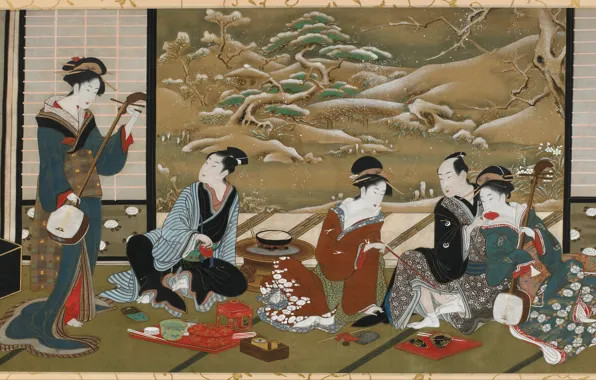 Women, snow, trees, dishes, kimono, trees, men, snow