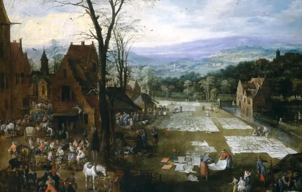 Trees, landscape, mountains, home, picture, genre, Jan Brueghel the elder, The bleaching of the Canvas …