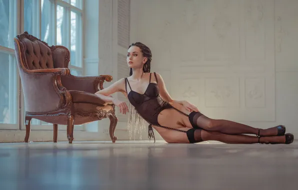 Sexy, pose, model, body, Windows, chair, stockings, makeup