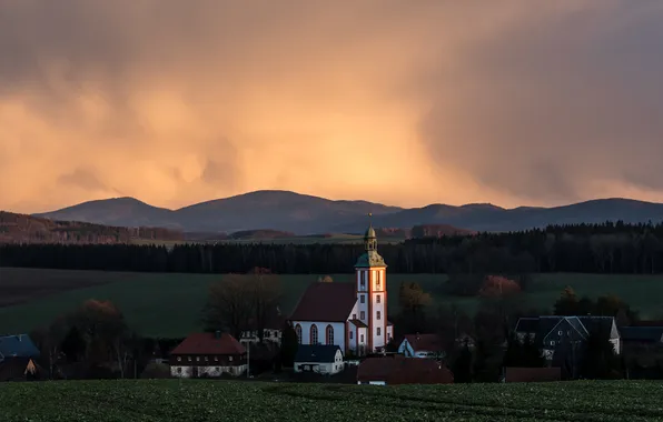 Field, sunset, mountains, Church