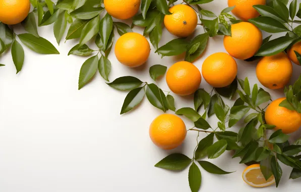 Leaves, branches, oranges, fruit, white background, fruit, placer, citrus