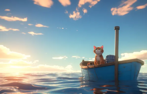 Wave, cat, the sky, cat, look, water, the sun, clouds