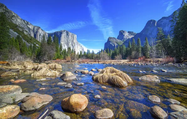 Forest, the sky, water, mountains, lake, Park, stones, Yosemite