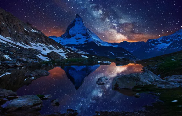 The sky, stars, snow, night, lake, mountain, Switzerland, Alps