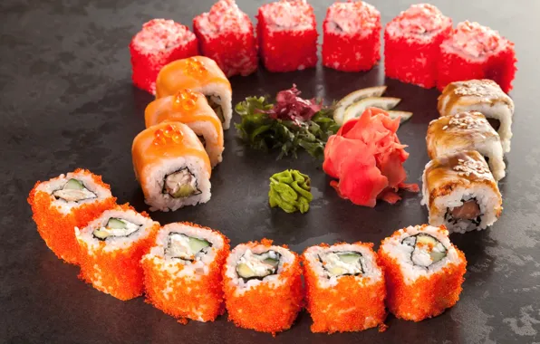 Figure, rolls, ginger, salmon, wasabi