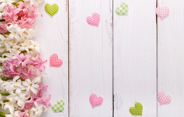 Flowers, hearts, wooden background, hyacinths