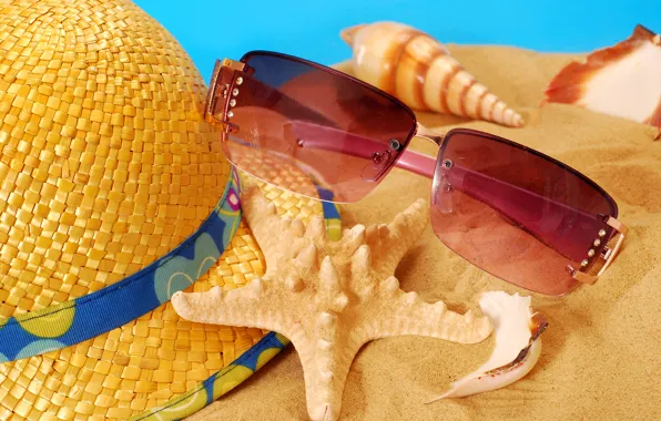 Picture sand, beach, summer, hat, glasses, shell, summer, beach, sand, vacation, starfish, accessories, seashells