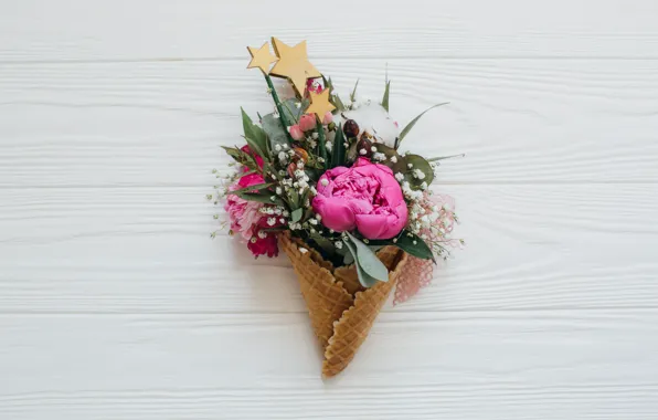 Flowers, Bouquet, Peonies, Waffle cone