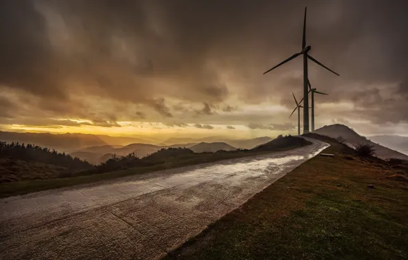 Road, sunset, windmills