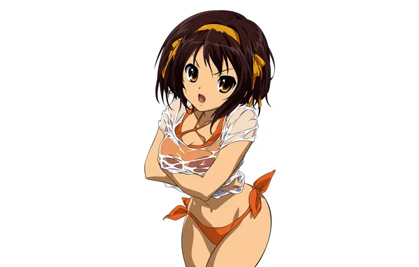 Girl, sexy, cleavage, brown hair, boobs, anime, beautiful, ribbons