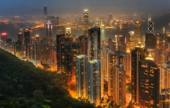 The city, lights, Hong Kong, skyscrapers, megapolis