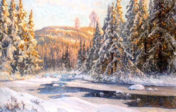 Ice, winter, forest, light, snow, landscape, river, tree