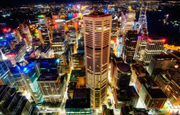 Picture night, the city, lights, building, Sydney, megapolis, the view from the top, Sydney