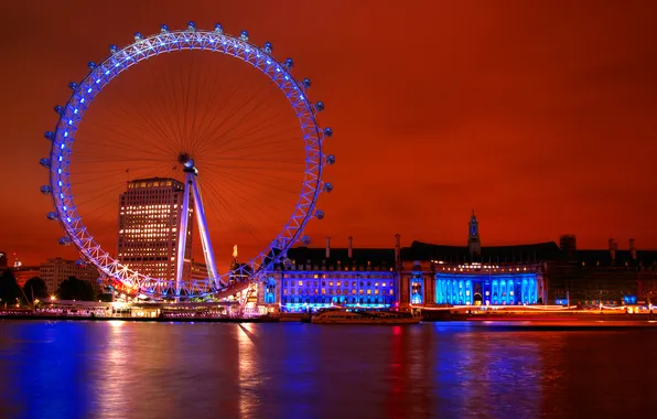 Lights, England, London, the evening, promenade, EDF Energy London Eye, Ferris wheel, "The London eye"