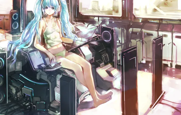 Girl, the city, Windows, art, speakers, Hatsune Miku, Vocaloid, Vocaloid