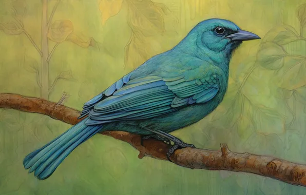 Background, bird, branch, painting, green background, blue, blue dacnis, imitation painting