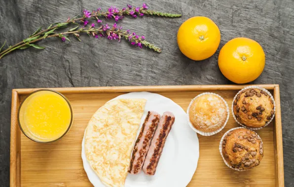Flowers, oranges, cupcake, sausages