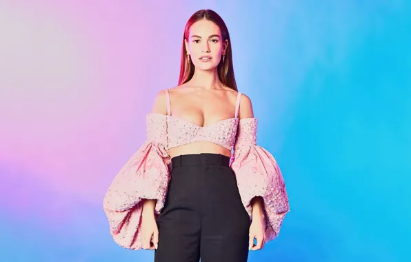 Pose, background, figure, actress, top, beautiful, pants, Lily James