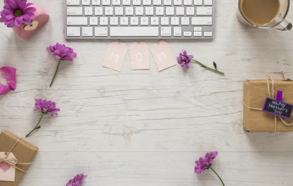 Flowers, gift, the inscription, purple, keyboard, Mom, Mother's Day