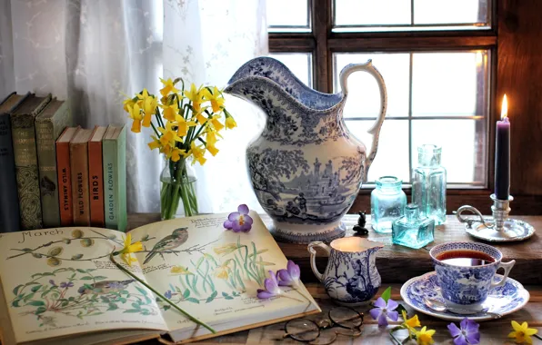 Picture flowers, tea, books, candle, window, glasses, Cup, bottle