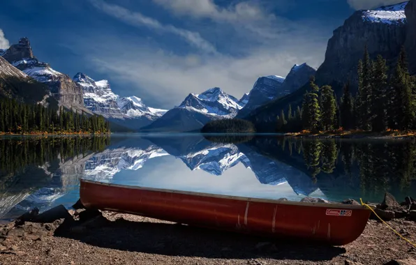Trees, mountains, lake, reflection, stones, shore, boat, Canada