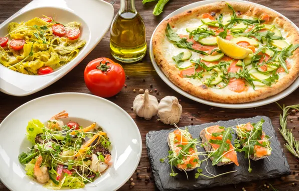 Lemon, vegetables, pizza, tomato, garlic, salmon, pasta