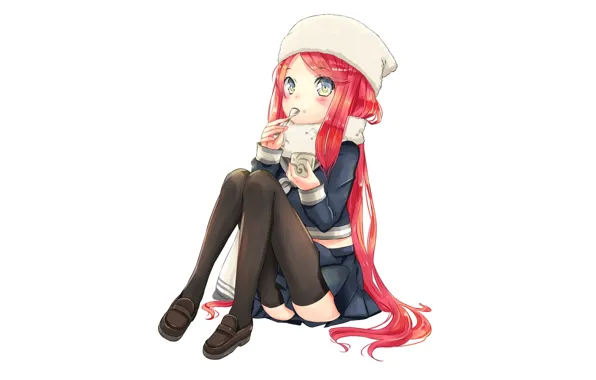 Picture hat, white background, schoolgirl, sitting, long hair, yummy, red hair, black stockings