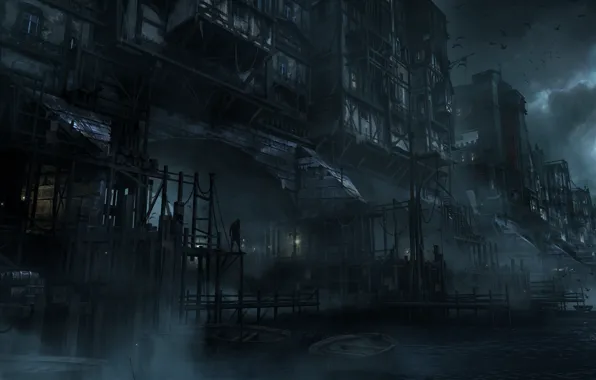 Night, bridge, fog, river, City, river, bridge, night