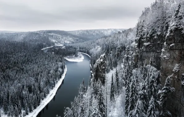 Winter, forest, the sky, snow, trees, mountains, river, overcast
