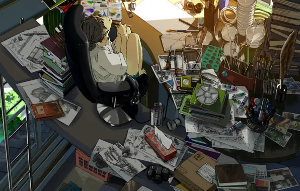 Picture cat, girl, smile, room, paint, books, anime, headphones