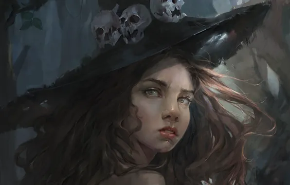 Look, girl, hat, art, skull, witch