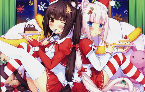 Snowflakes, sofa, Christmas, stockings, cake, bow, bell, ears