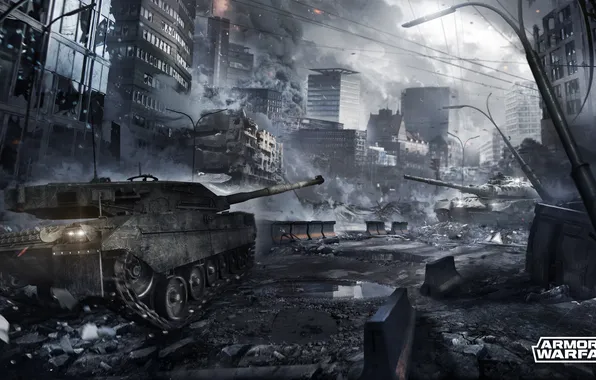 Picture the city, smoke, home, the ruins, tanks, Armored Warfare